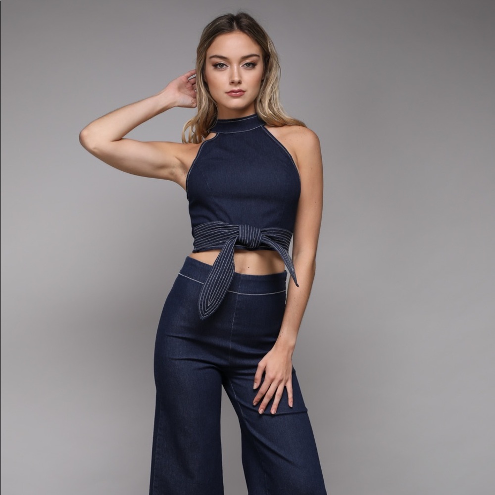 Denim Two Piece Crop Top Pant Set